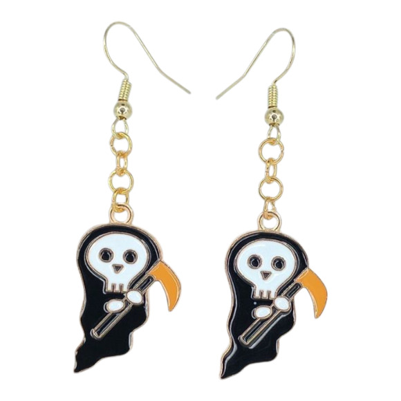 Black Grim Reaper Ghost Dangle Earrings | Spooky Halloween Jewelry - Picture 1 of 4